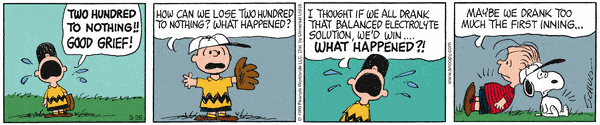 charlie brown is upset after his team loses 200-0 even though they drank what he thought was the best sports drink