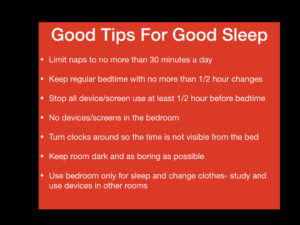 Concussion sleep problems: slide with list of tips for good sleep